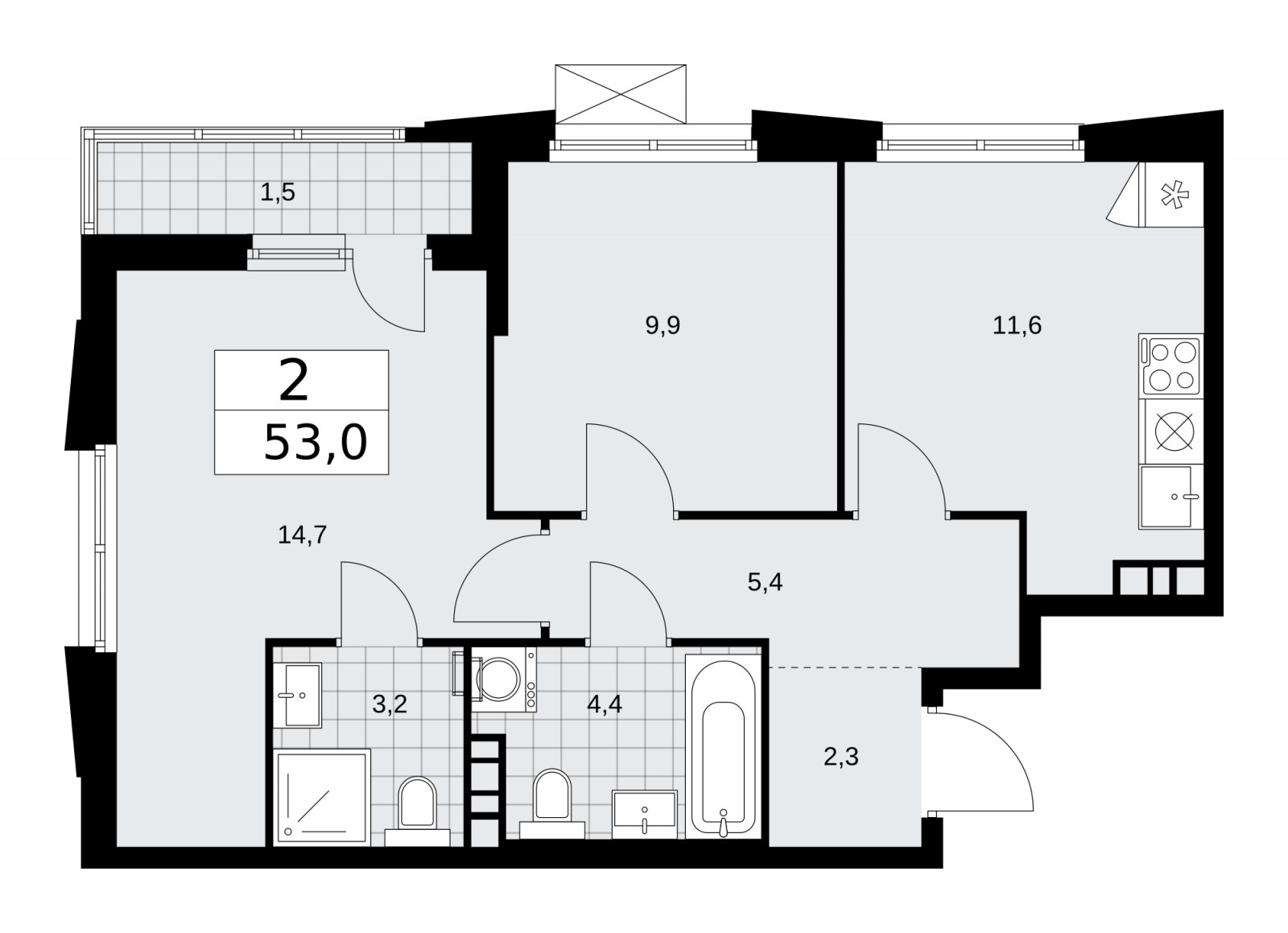 2-комнатная квартира с частичной отделкой, 53 м2, 9 этаж, сдача 1 квартал 2026 г., ЖК Прокшино, корпус 11.1.3 - объявление 2257396 - фото №1