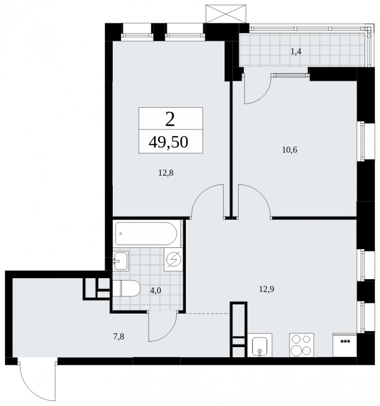 2-комнатная квартира без отделки, 49.5 м2, 13 этаж, сдача 2 квартал 2025 г., ЖК Дзен-кварталы, корпус 2.3 - объявление 1932625 - фото №1