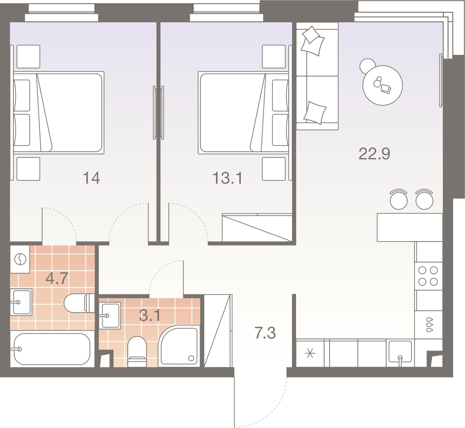 3-комнатная квартира без отделки, 65.7 м2, 16 этаж, сдача 1 квартал 2026 г., ЖК Twelve, корпус 2 - объявление 2372478 - фото №1
