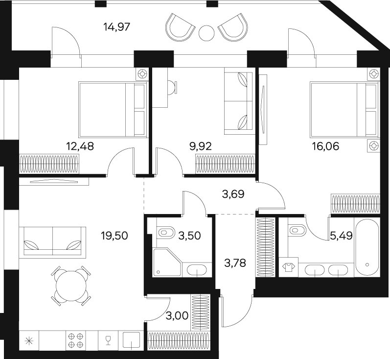 3-комнатная квартира без отделки, 84.95 м2, 15 этаж, сдача 4 квартал 2024 г., ЖК FØRST, корпус 2 - объявление 1974567 - фото №1