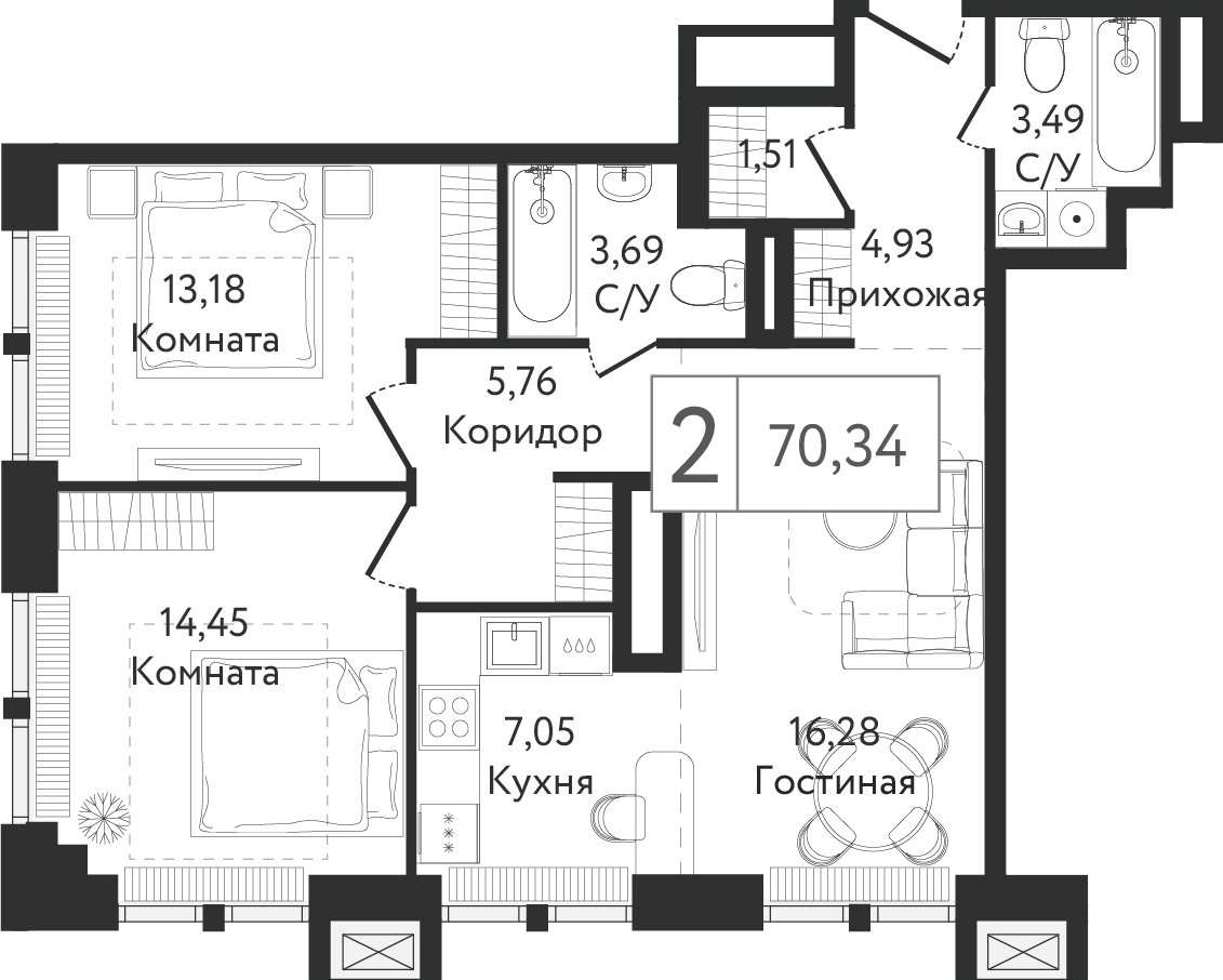2-комнатная квартира без отделки, 70.34 м2, 3 этаж, сдача 3 квартал 2023 г., ЖК Dream Towers, корпус 1 - объявление 2261210 - фото №1
