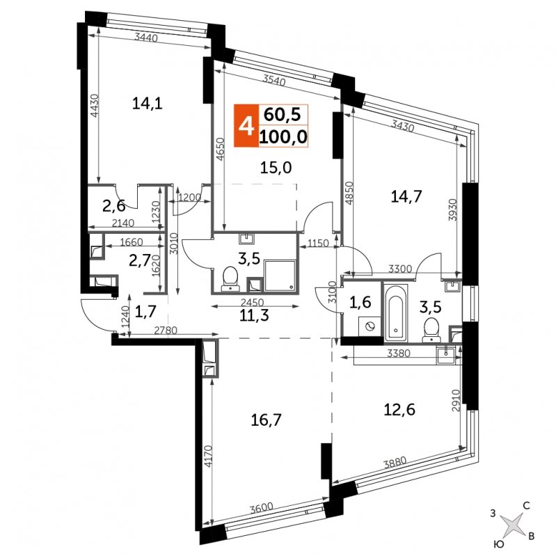 4-комнатная квартира с частичной отделкой, 100 м2, 12 этаж, сдача 4 квартал 2024 г., ЖК ROTTERDAM, корпус 2.1 - объявление 1694259 - фото №1