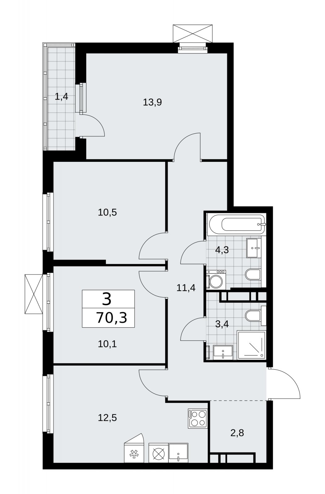 3-комнатная квартира с частичной отделкой, 70.3 м2, 11 этаж, сдача 2 квартал 2026 г., ЖК Прокшино, корпус 11.2.3 - объявление 2270398 - фото №1