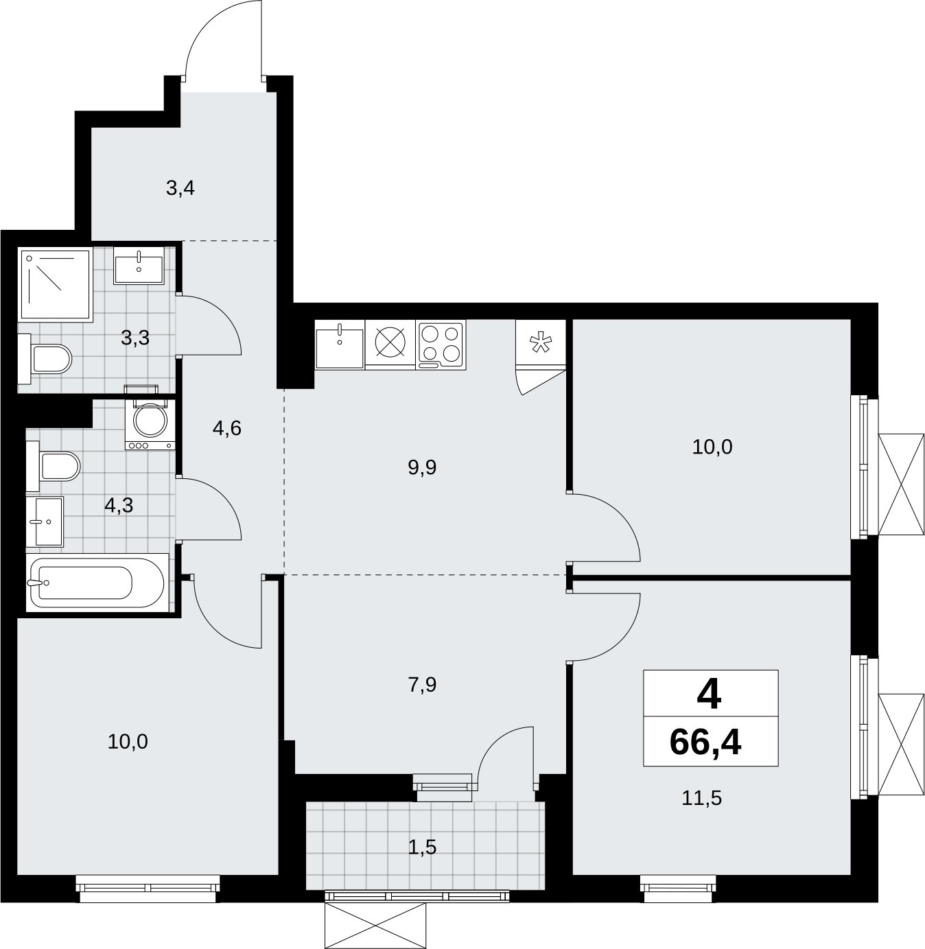 4-комнатная квартира (евро) с полной отделкой, 66.4 м2, 3 этаж, сдача 3 квартал 2026 г., ЖК Дзен-кварталы, корпус 6.1.4 - объявление 2328151 - фото №1