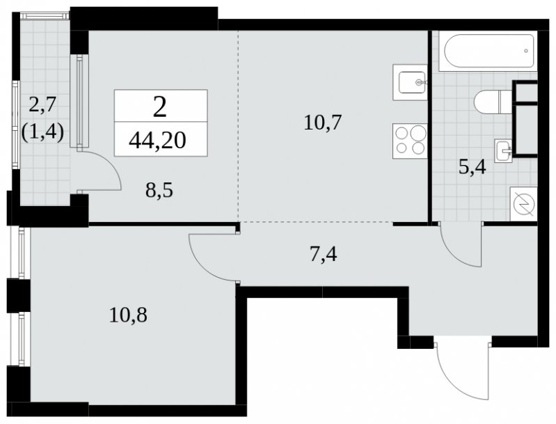 2-комнатная квартира (евро) с полной отделкой, 44.2 м2, 14 этаж, сдача 2 квартал 2025 г., ЖК Южные сады, корпус 2.1 - объявление 1760004 - фото №1