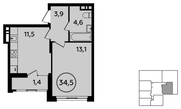 1-комнатная квартира без отделки, 34.5 м2, 16 этаж, сдача 1 квартал 2023 г., ЖК Прокшино, корпус 3.1 - объявление 1410791 - фото №1