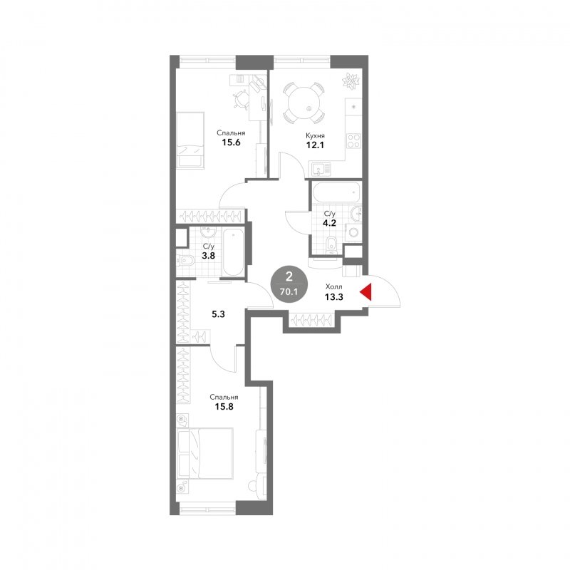 2-комнатная квартира без отделки, 70.1 м2, 2 этаж, сдача 3 квартал 2025 г., ЖК VOXHALL, корпус 2 - объявление 1785347 - фото №1