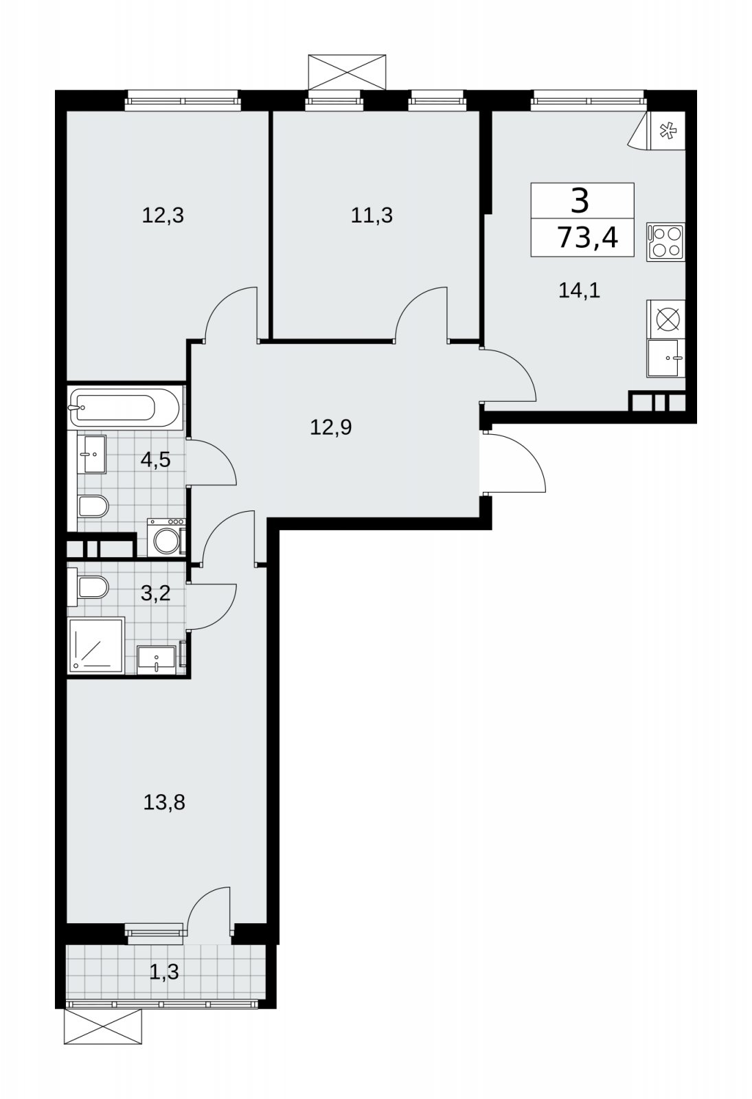 3-комнатная квартира с частичной отделкой, 73.4 м2, 5 этаж, сдача 2 квартал 2026 г., ЖК Прокшино, корпус 11.2.3 - объявление 2270280 - фото №1
