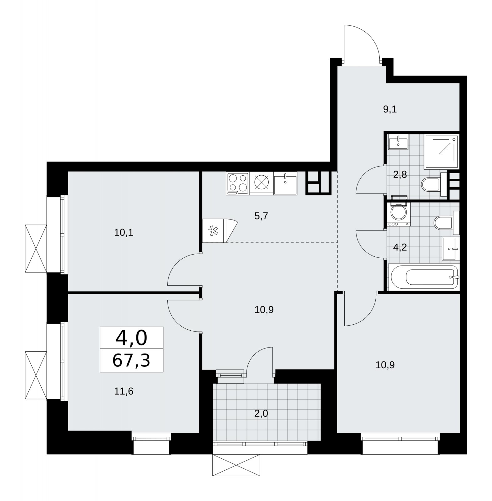 4-комнатная квартира (евро) с частичной отделкой, 67.3 м2, 3 этаж, сдача 1 квартал 2026 г., ЖК Бунинские кварталы, корпус 6.1 - объявление 2252357 - фото №1