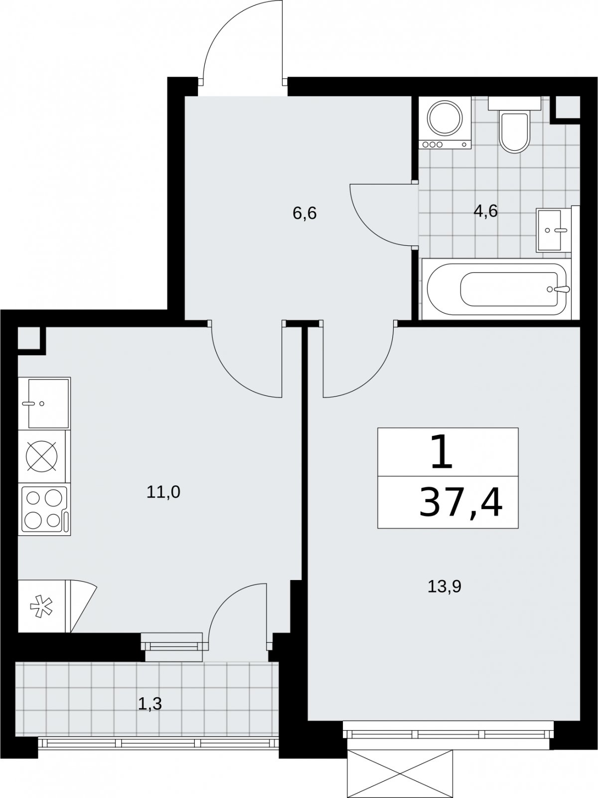 1-комнатная квартира без отделки, 37.4 м2, 2 этаж, сдача 2 квартал 2026 г., ЖК Бунинские кварталы, корпус 5.4 - объявление 2297673 - фото №1