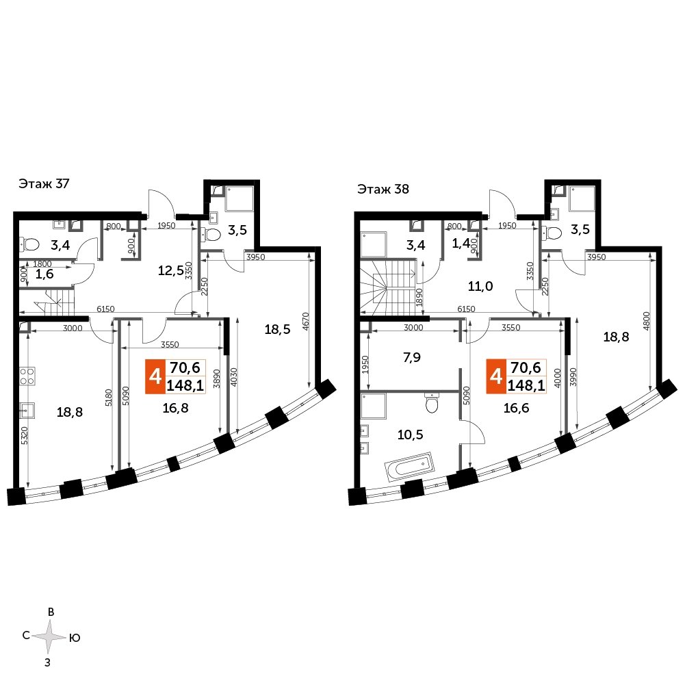 4-комнатная квартира без отделки, 148.1 м2, 37 этаж, сдача 3 квартал 2024 г., ЖК Sydney City, корпус 2.2 - объявление 2207381 - фото №1