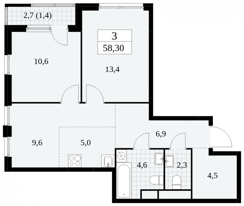 3-комнатная квартира (евро) с полной отделкой, 58.3 м2, 19 этаж, сдача 2 квартал 2025 г., ЖК Южные сады, корпус 2.2 - объявление 1757595 - фото №1