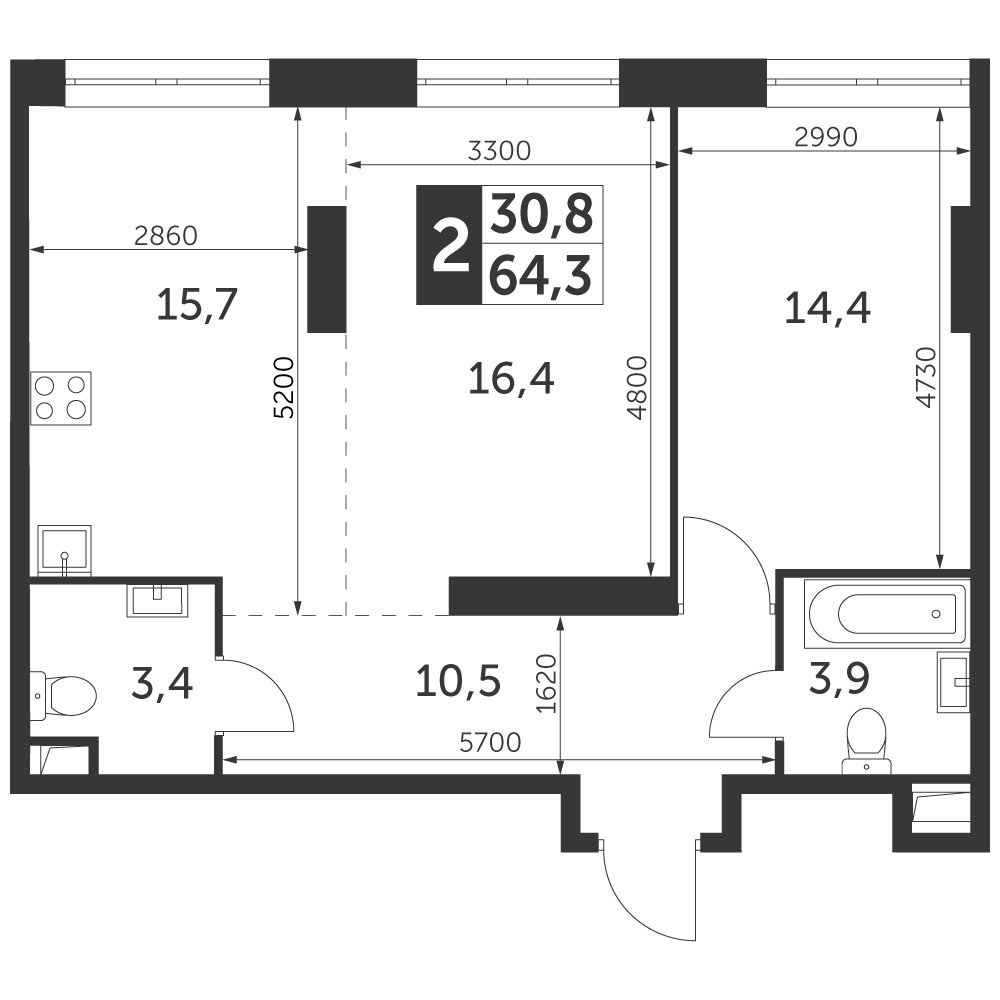 2-комнатная квартира с частичной отделкой, 64.3 м2, 30 этаж, дом сдан, ЖК Архитектор, корпус 3 - объявление 2374925 - фото №1