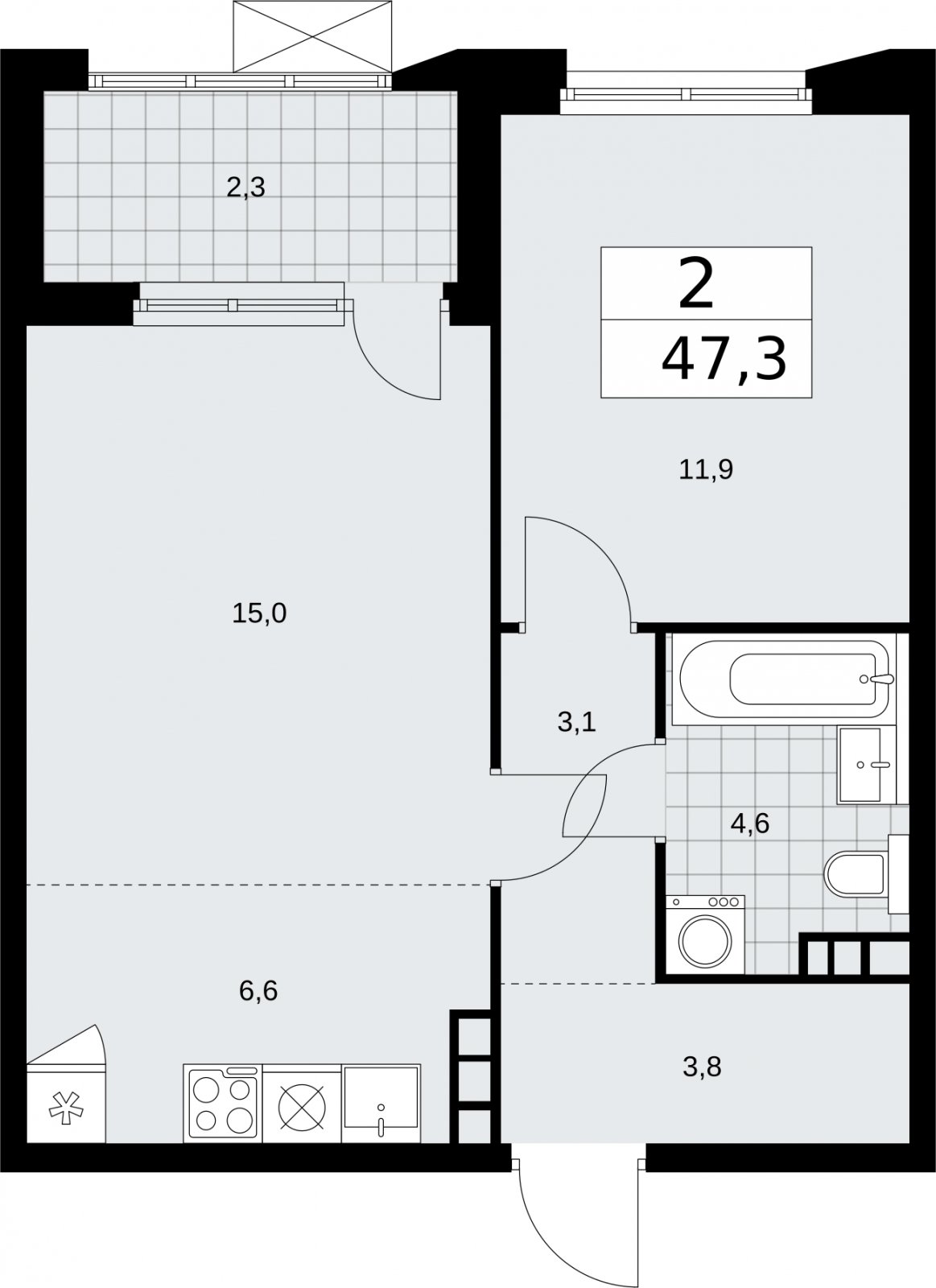 2-комнатная квартира (евро) без отделки, 47.3 м2, 14 этаж, сдача 2 квартал 2026 г., ЖК Бунинские кварталы, корпус 5.2 - объявление 2297414 - фото №1