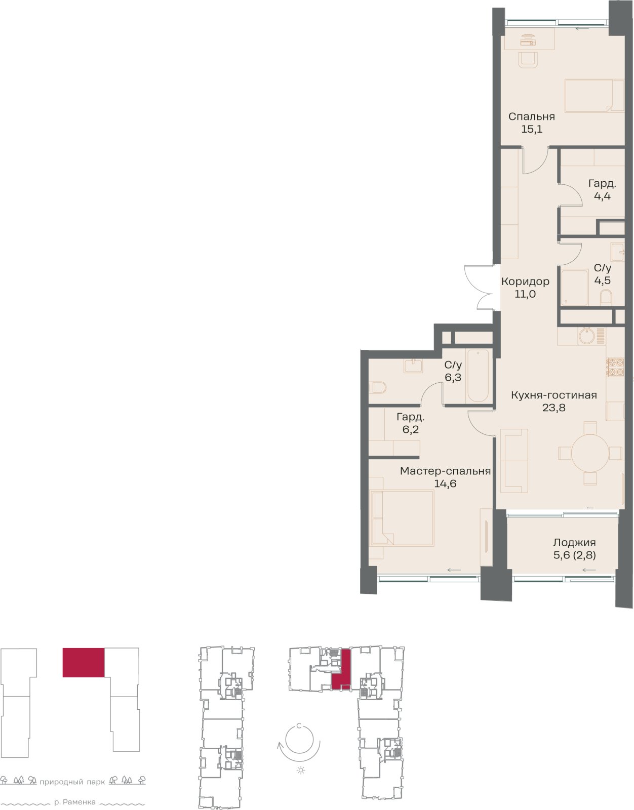 2-комнатная квартира без отделки, 88.7 м2, 4 этаж, сдача 4 квартал 2026 г., ЖК РЕКА, корпус 3 - объявление 2398021 - фото №1