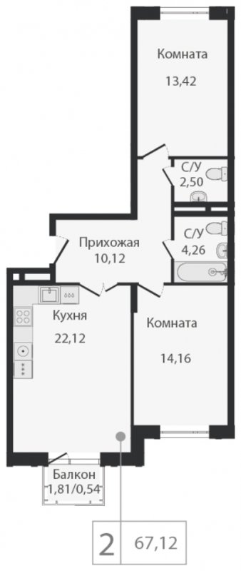 2-комнатная квартира без отделки, 67.12 м2, 2 этаж, сдача 2 квартал 2023 г., ЖК Dream Towers, корпус 3 - объявление 1801054 - фото №1
