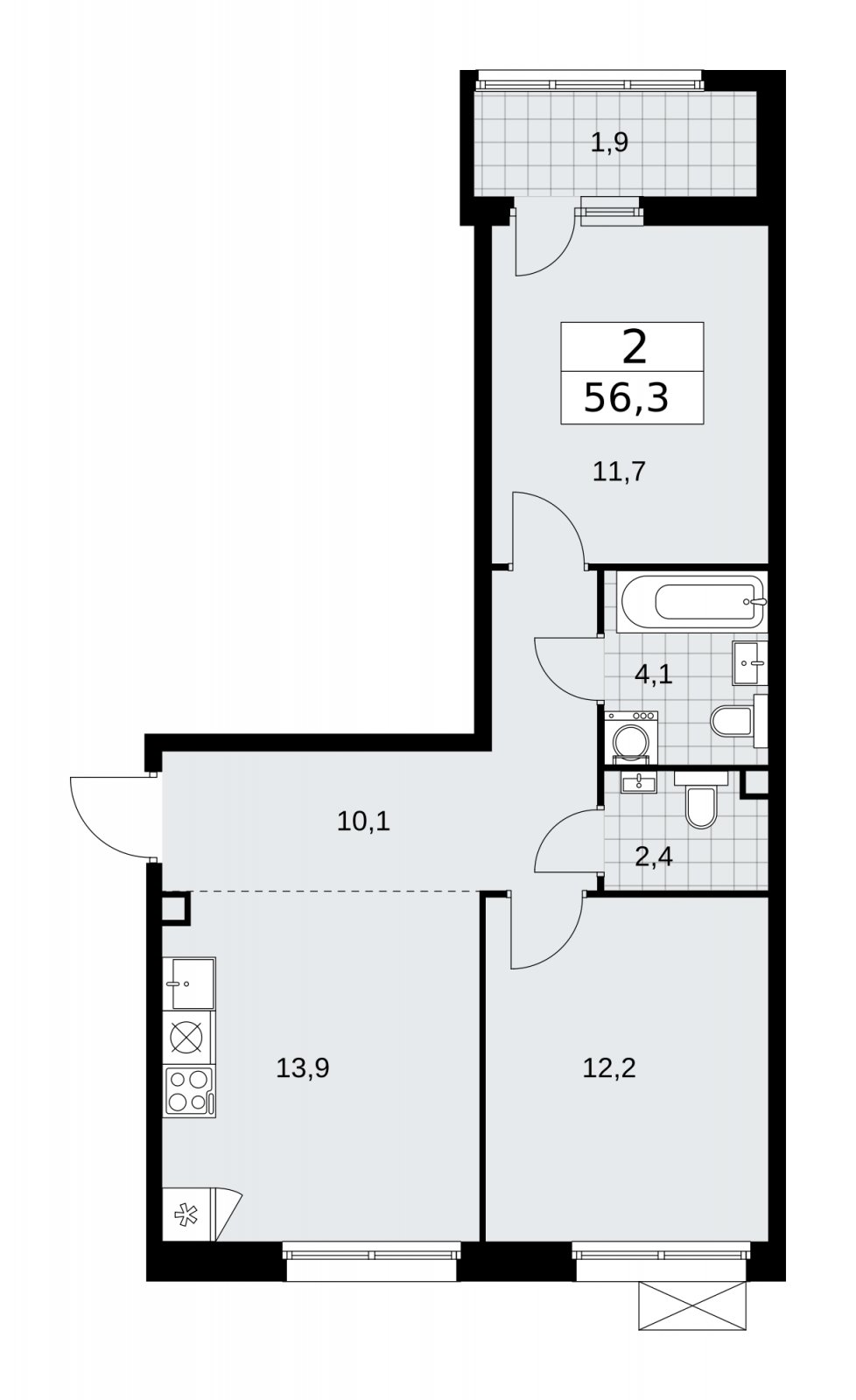 2-комнатная квартира без отделки, 56.3 м2, 2 этаж, сдача 1 квартал 2026 г., ЖК Дзен-кварталы, корпус 4.3 - объявление 2251663 - фото №1