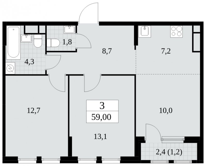 3-комнатная квартира (евро) с частичной отделкой, 59 м2, 16 этаж, сдача 2 квартал 2025 г., ЖК Южные сады, корпус 2.2 - объявление 1757568 - фото №1