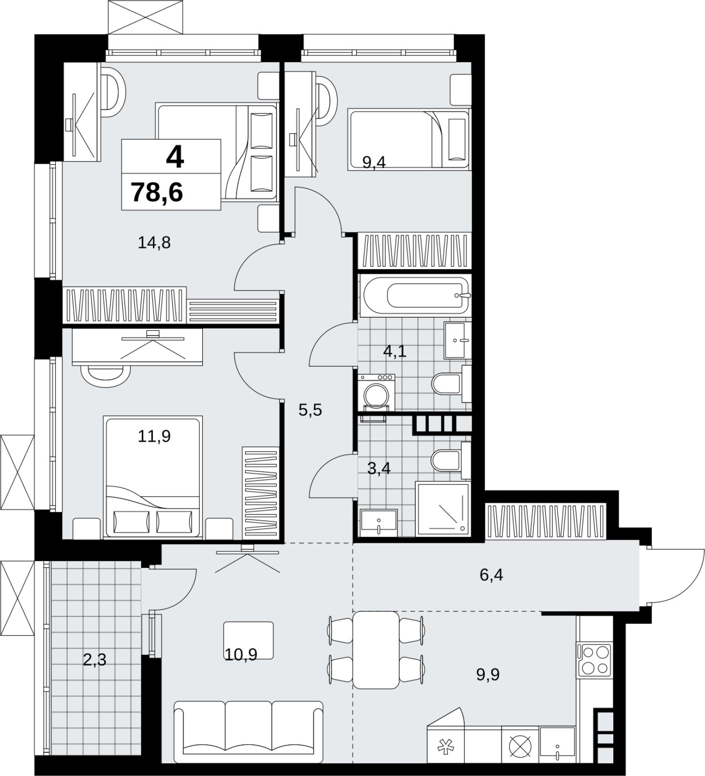 4-комнатная квартира (евро) с полной отделкой, 78.6 м2, 4 этаж, сдача 1 квартал 2027 г., ЖК Скандинавия, корпус 2.18.2.3 - объявление 2351342 - фото №1