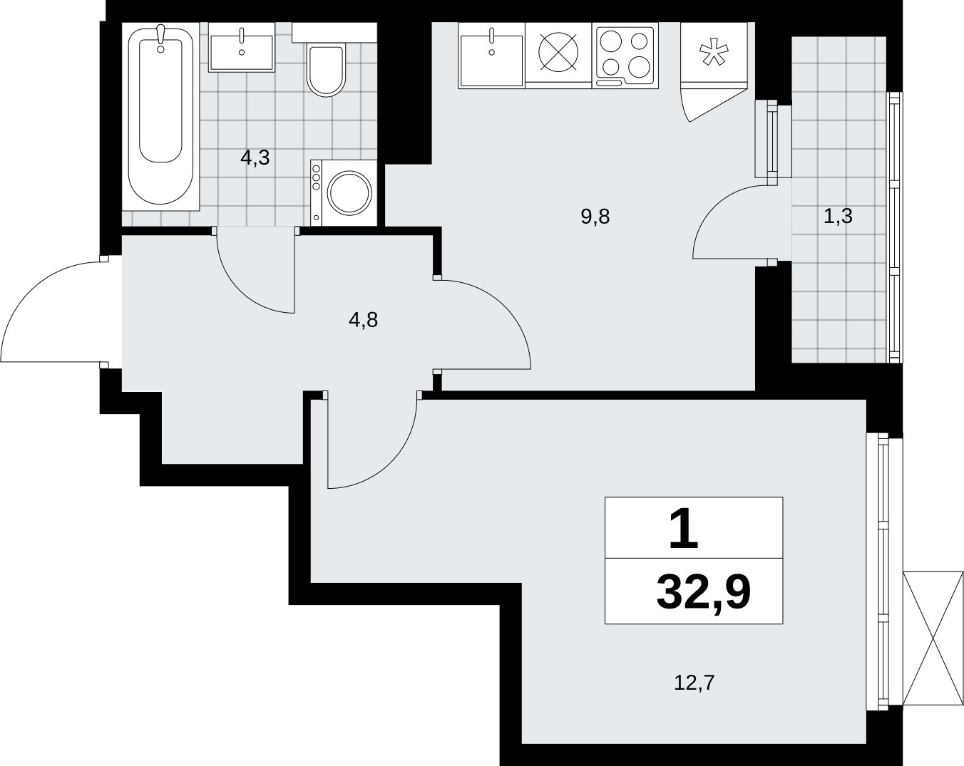 1-комнатная квартира без отделки, 32.9 м2, 12 этаж, сдача 2 квартал 2026 г., ЖК Бунинские кварталы, корпус 9.1 - объявление 2323606 - фото №1