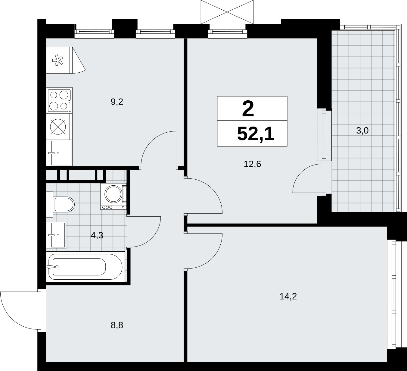 2-комнатная квартира без отделки, 52.1 м2, 14 этаж, сдача 4 квартал 2026 г., ЖК Скандинавия, корпус 2.18.1.3 - объявление 2350863 - фото №1