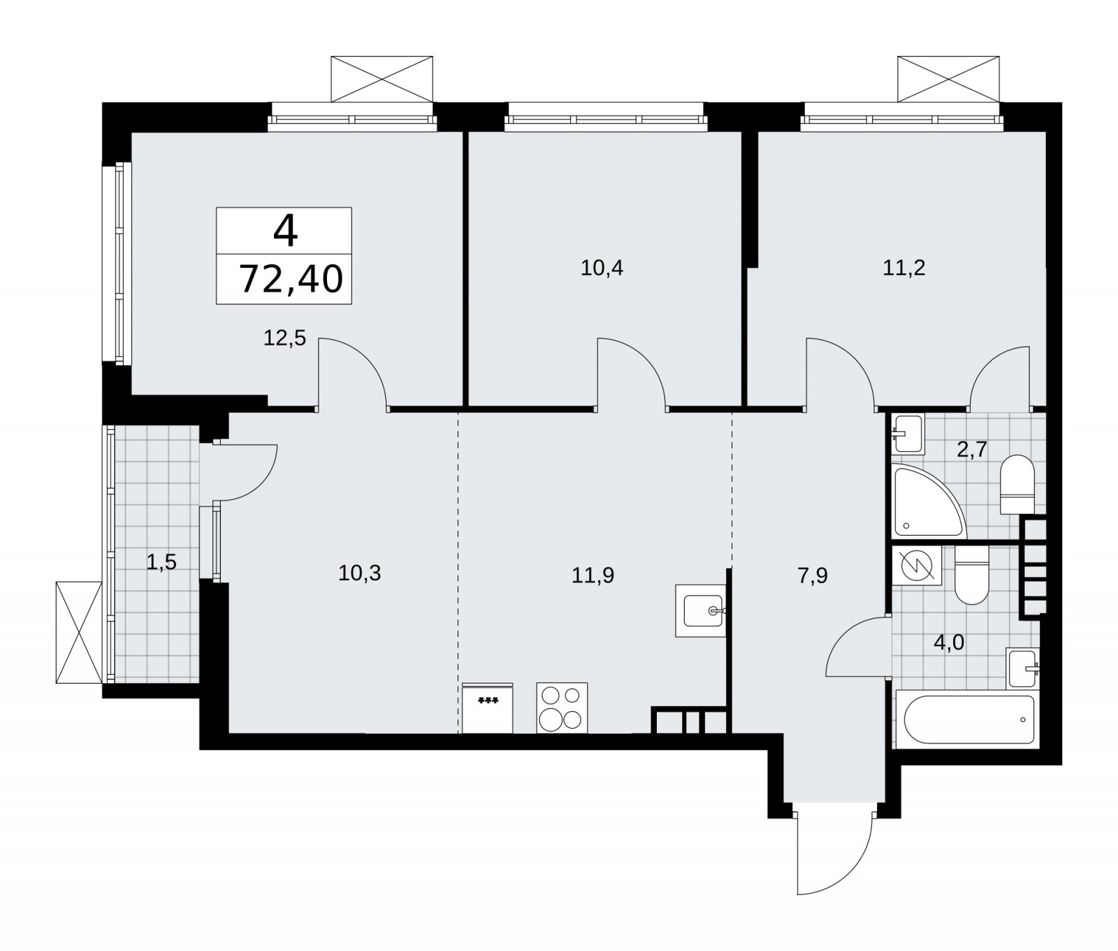 4-комнатная квартира (евро) без отделки, 72.4 м2, 4 этаж, сдача 3 квартал 2025 г., ЖК Бунинские кварталы, корпус 3.2 - объявление 2151828 - фото №1