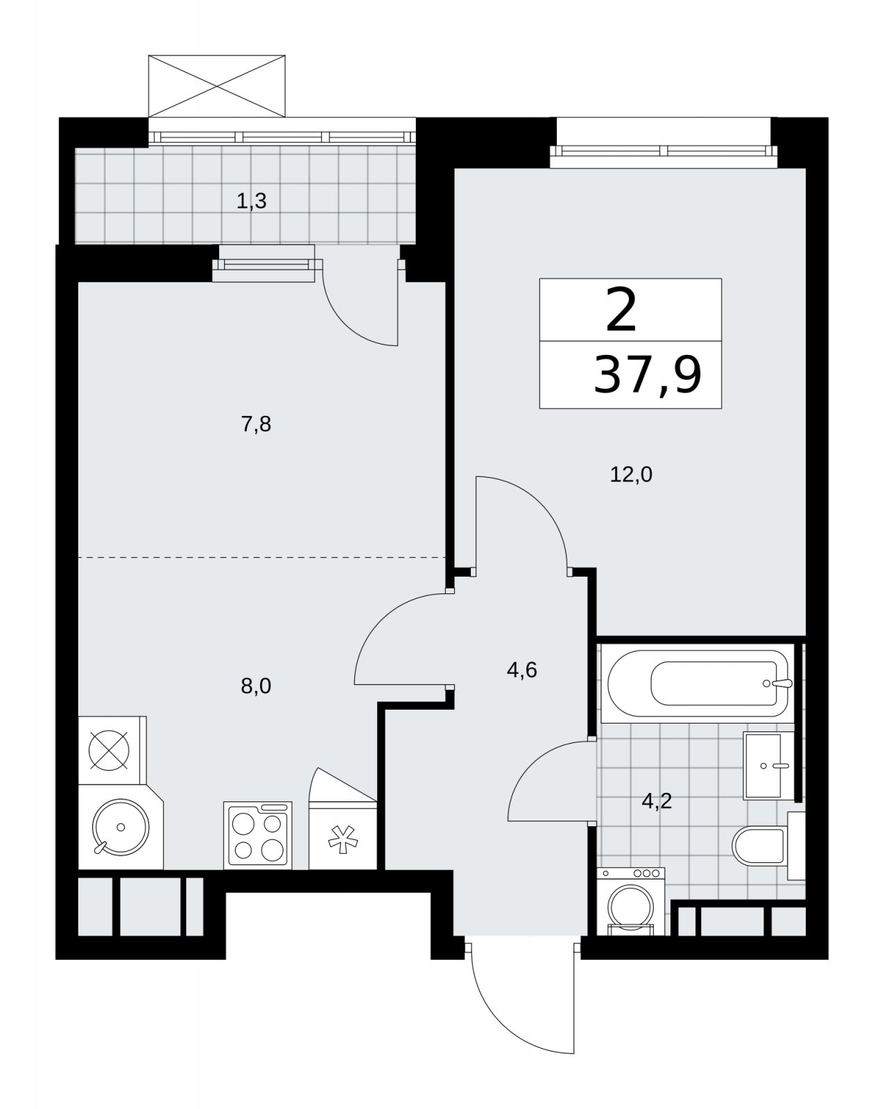 2-комнатная квартира (евро) без отделки, 37.9 м2, 16 этаж, сдача 2 квартал 2026 г., ЖК Скандинавия, корпус 25.5 - объявление 2283749 - фото №1