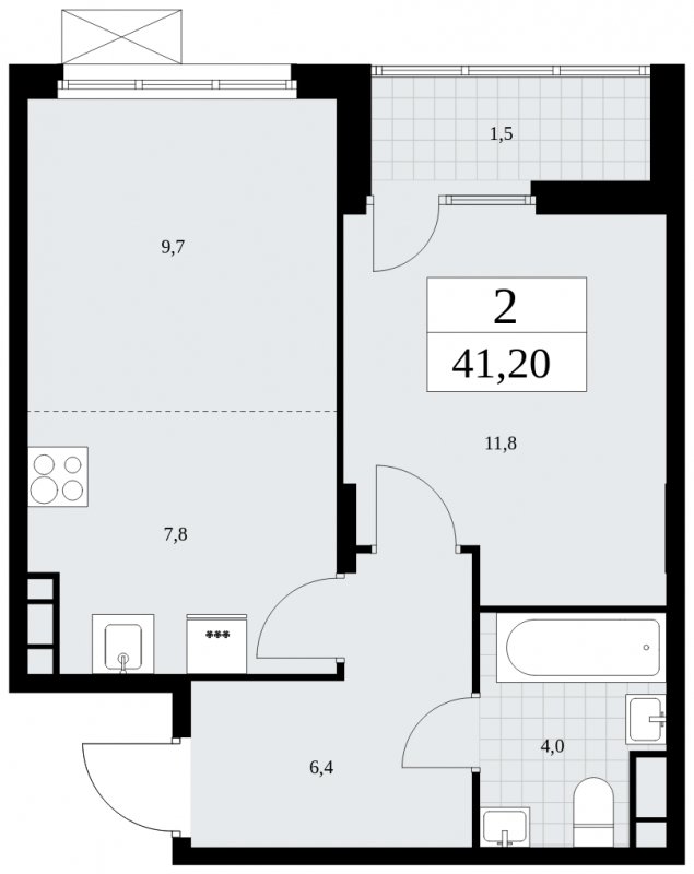 2-комнатная квартира (евро) с частичной отделкой, 41.2 м2, 15 этаж, сдача 1 квартал 2025 г., ЖК Бунинские кварталы, корпус 2.2 - объявление 1882461 - фото №1