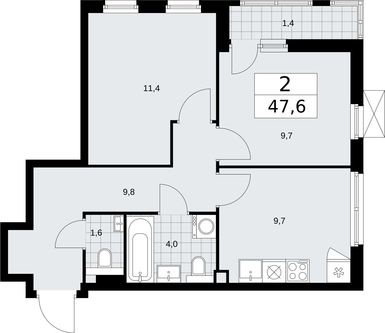 2-комнатная квартира без отделки, 47.6 м2, 2 этаж, сдача 2 квартал 2026 г., ЖК Бунинские кварталы, корпус 7.3 - объявление 2313641 - фото №1