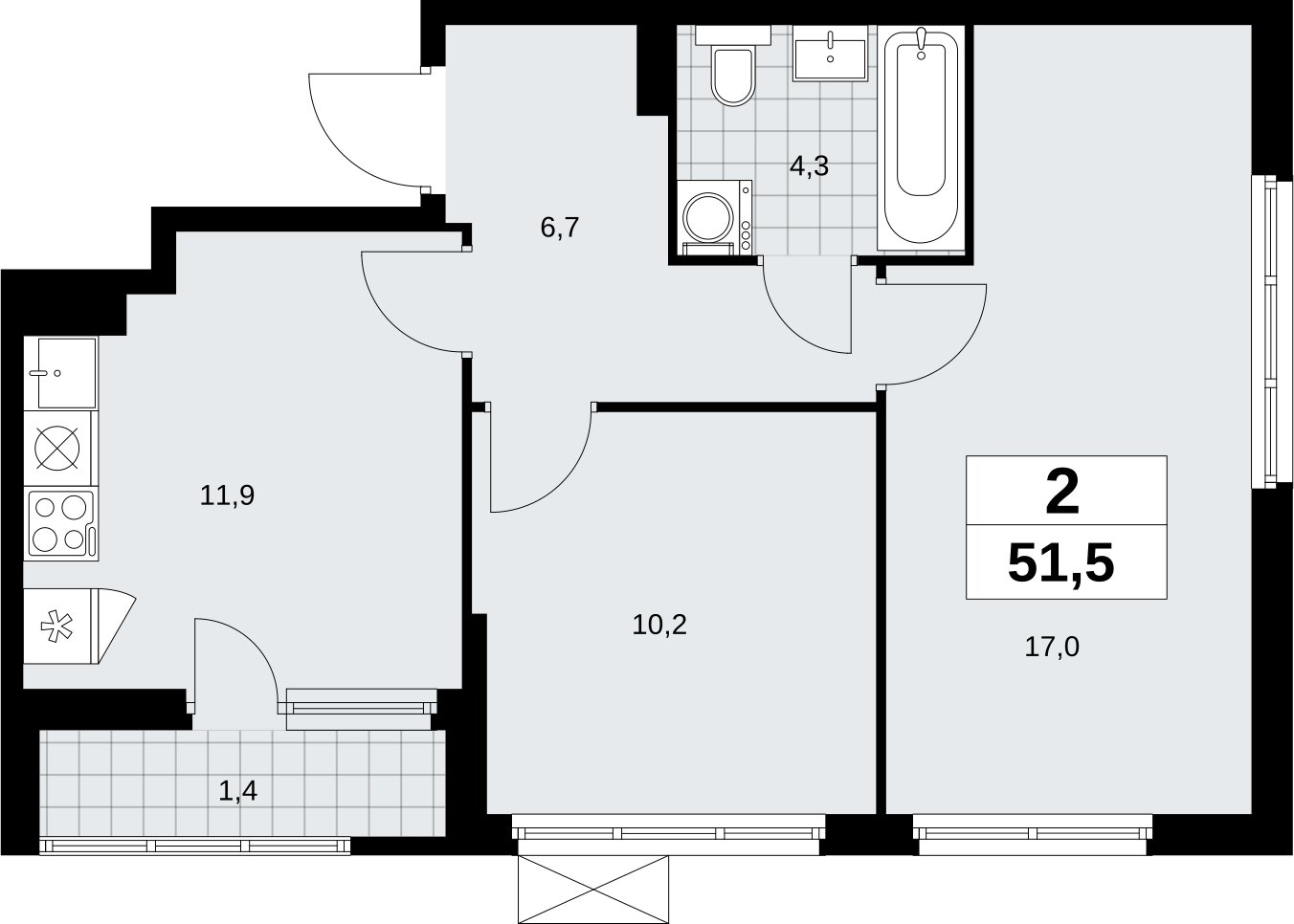2-комнатная квартира без отделки, 51.5 м2, 5 этаж, сдача 1 квартал 2026 г., ЖК Дзен-кварталы, корпус 6.2.1 - объявление 2328585 - фото №1