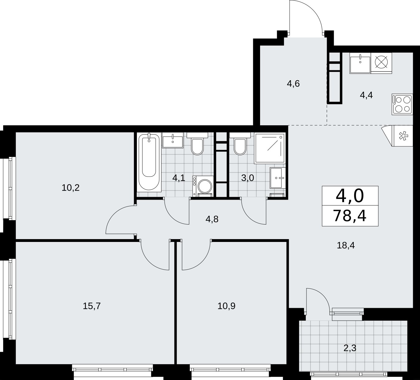 4-комнатная квартира (евро) с частичной отделкой, 78.4 м2, 14 этаж, сдача 2 квартал 2026 г., ЖК Дзен-кварталы, корпус 3.3 - объявление 2400338 - фото №1