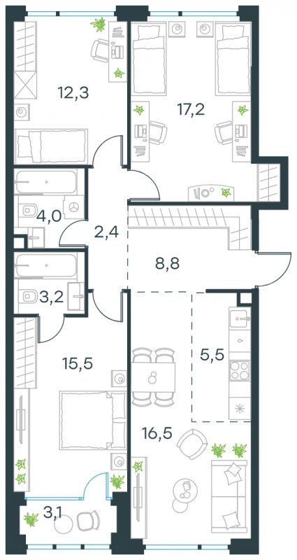 4-комнатная квартира (евро) без отделки, 86.9 м2, 13 этаж, сдача 4 квартал 2024 г., ЖК Level Мичуринский, корпус 6 - объявление 1635390 - фото №1