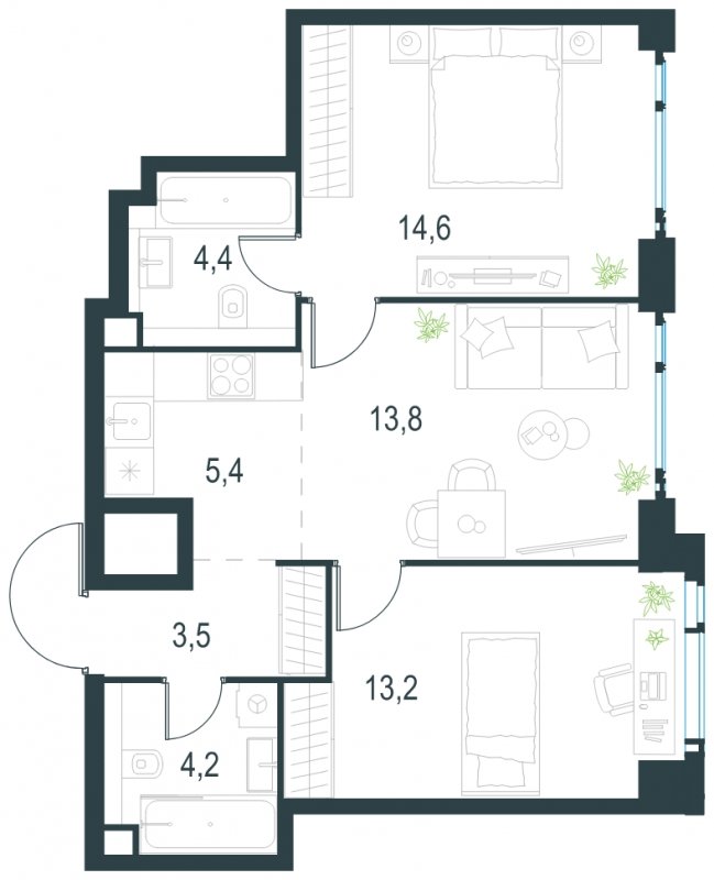 3-комнатная квартира без отделки, 59.1 м2, 42 этаж, сдача 2 квартал 2025 г., ЖК Level Мичуринский, корпус 1 - объявление 1775359 - фото №1