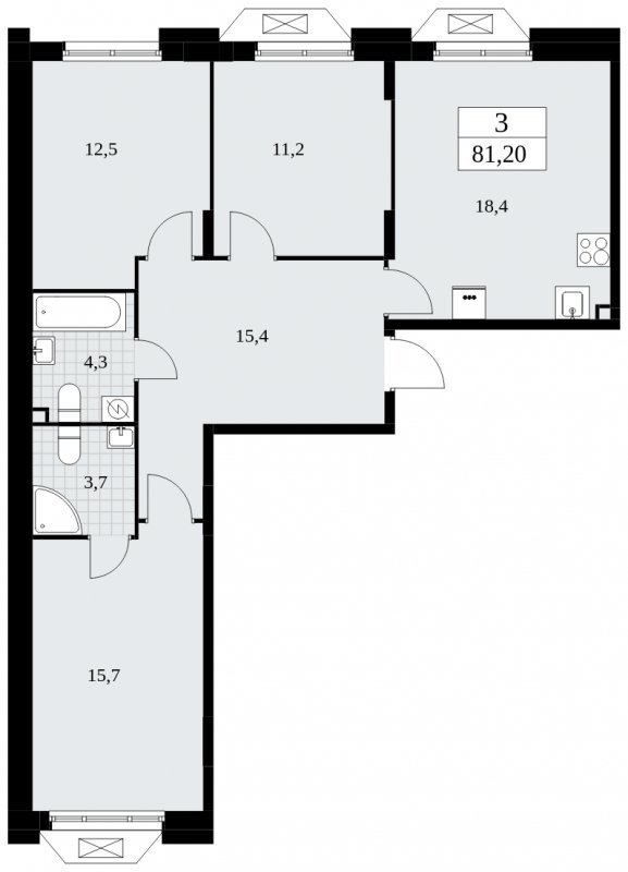 3-комнатная квартира с частичной отделкой, 81.2 м2, 2 этаж, сдача 4 квартал 2024 г., ЖК Бунинские кварталы, корпус 1.2 - объявление 1834439 - фото №1