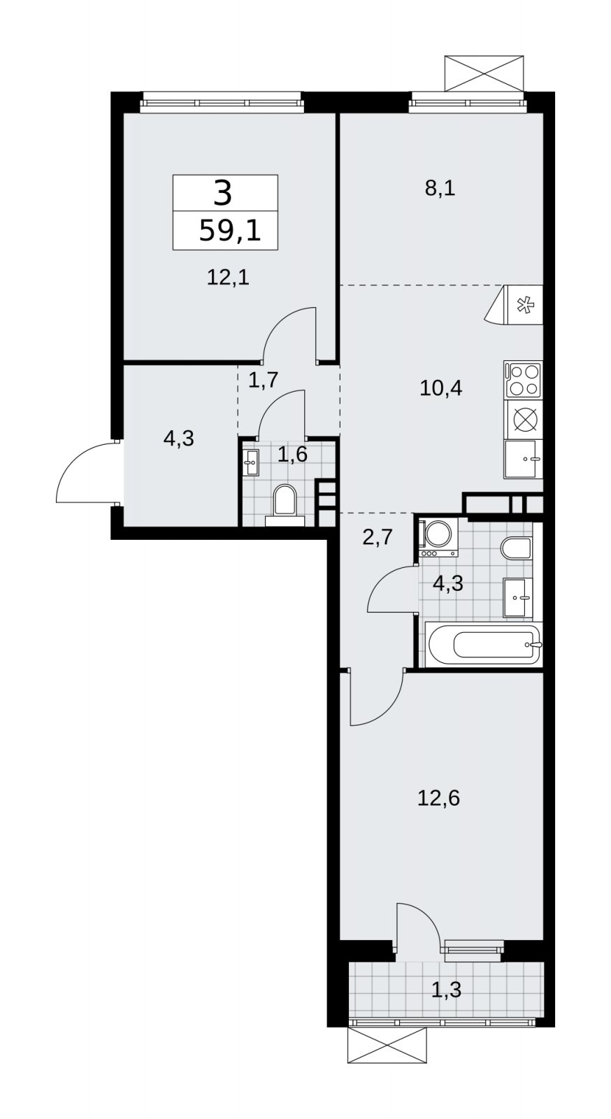 3-комнатная квартира (евро) с частичной отделкой, 59.1 м2, 5 этаж, сдача 2 квартал 2026 г., ЖК Прокшино, корпус 11.2.3 - объявление 2270199 - фото №1