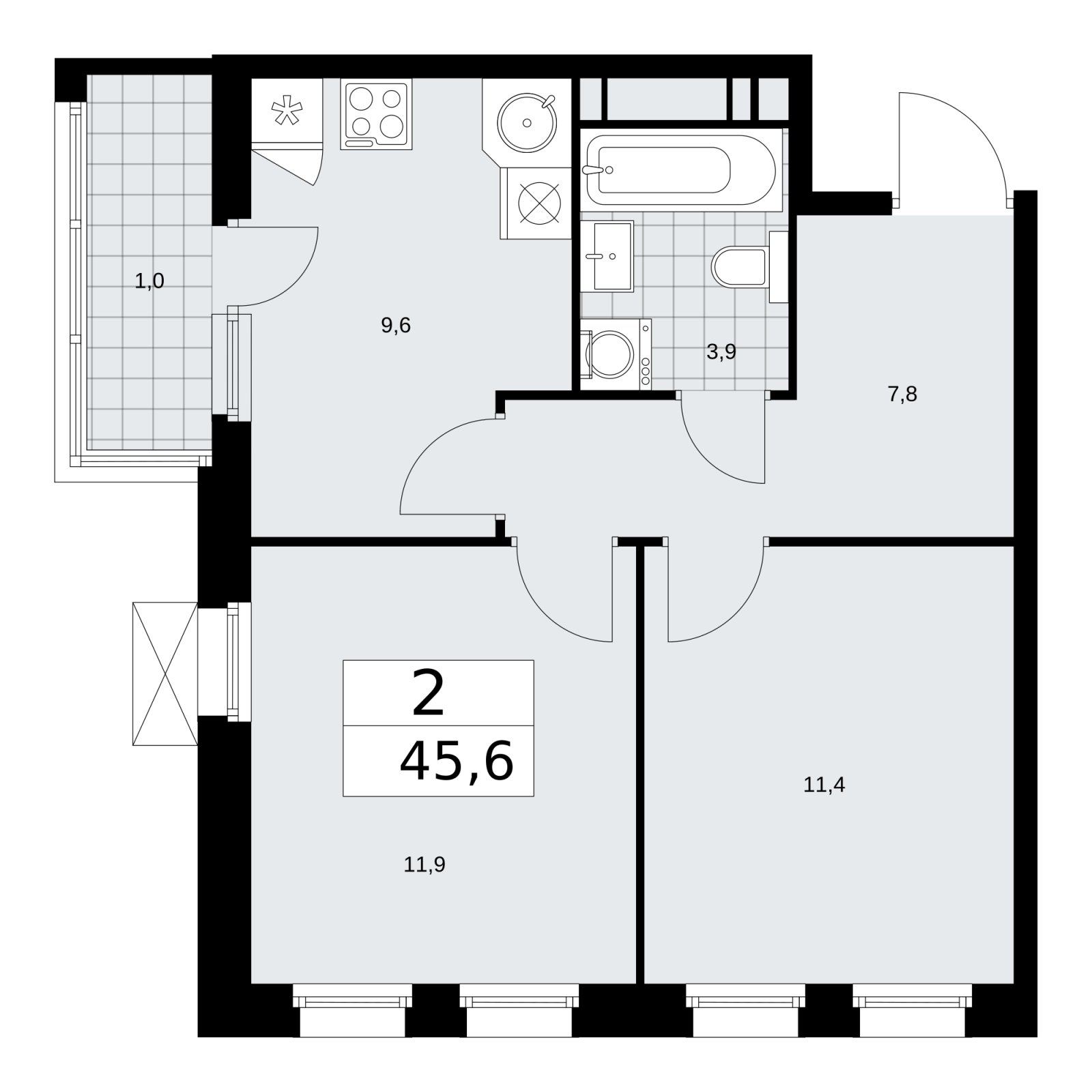 2-комнатная квартира с частичной отделкой, 45.6 м2, 12 этаж, сдача 2 квартал 2026 г., ЖК Скандинавия, корпус 25.1 - объявление 2283422 - фото №1