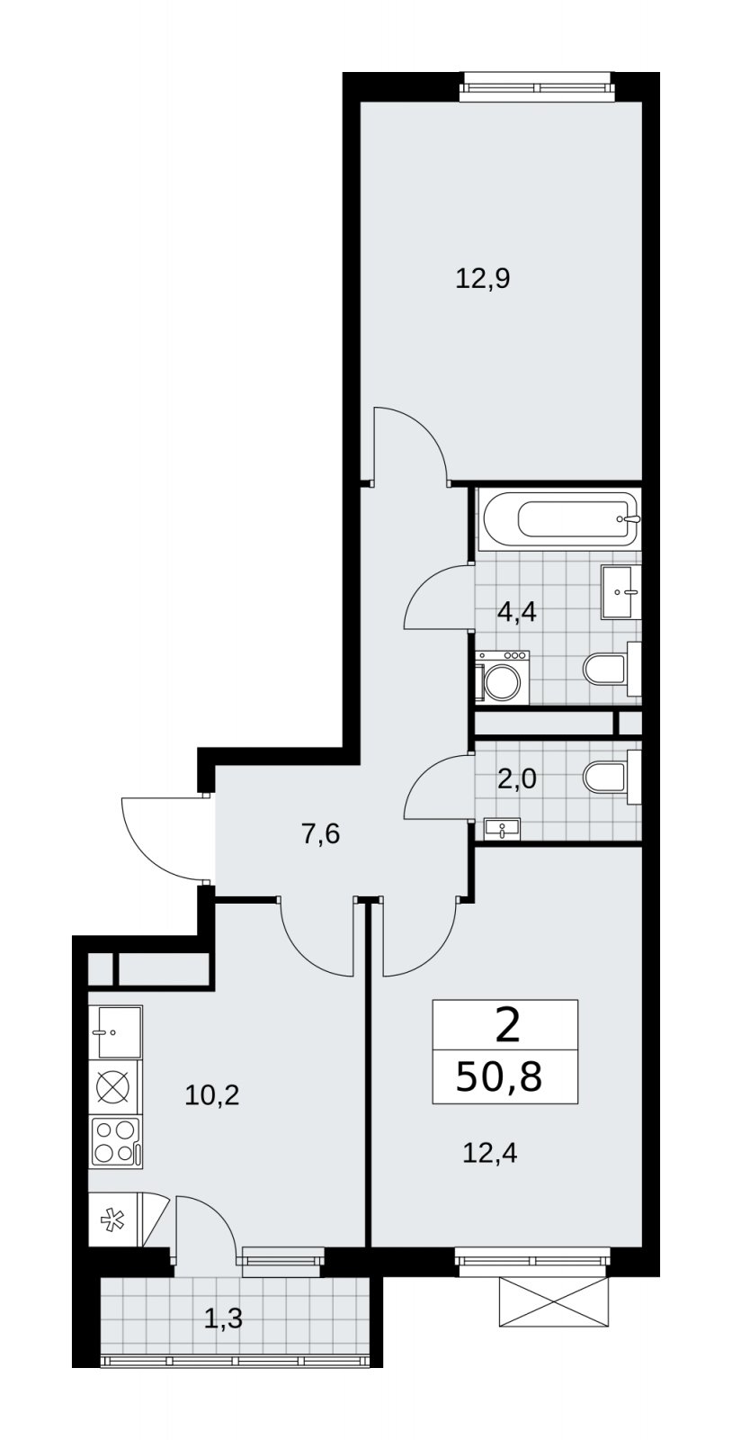 2-комнатная квартира без отделки, 50.8 м2, 14 этаж, сдача 4 квартал 2025 г., ЖК Прокшино, корпус 11.1.4 - объявление 2257772 - фото №1