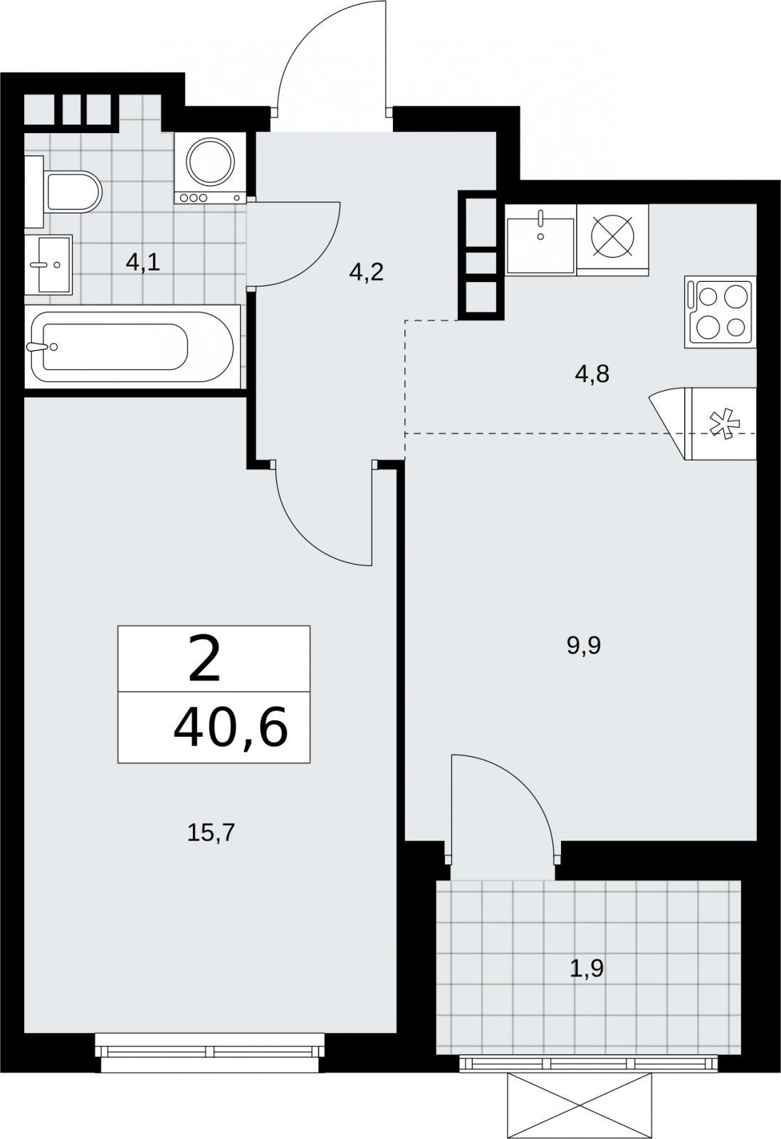 2-комнатная квартира (евро) без отделки, 40.6 м2, 13 этаж, сдача 2 квартал 2026 г., ЖК Бунинские кварталы, корпус 5.3 - объявление 2297605 - фото №1