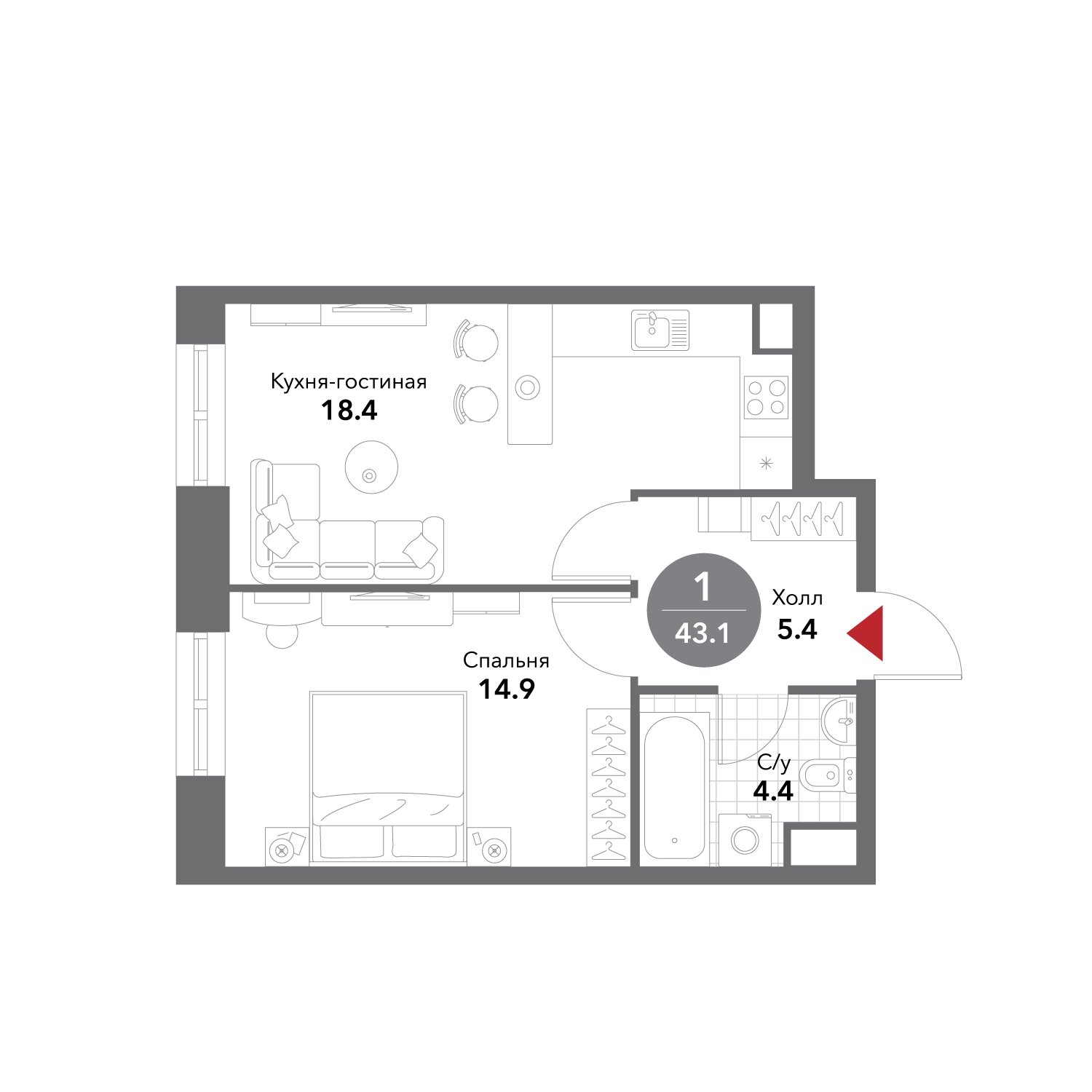 1-комнатные апартаменты без отделки, 43.1 м2, 8 этаж, сдача 3 квартал 2025 г., ЖК VOXHALL, корпус 4 - объявление 2000215 - фото №1