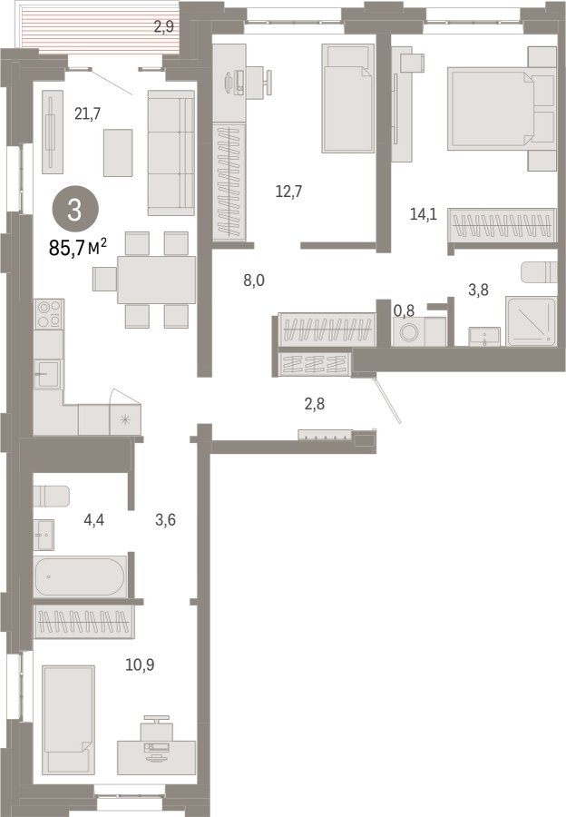 3-комнатная квартира с частичной отделкой, 85.7 м2, 5 этаж, сдача 3 квартал 2026 г., ЖК Квартал Метроном, корпус 1 - объявление 2331041 - фото №1