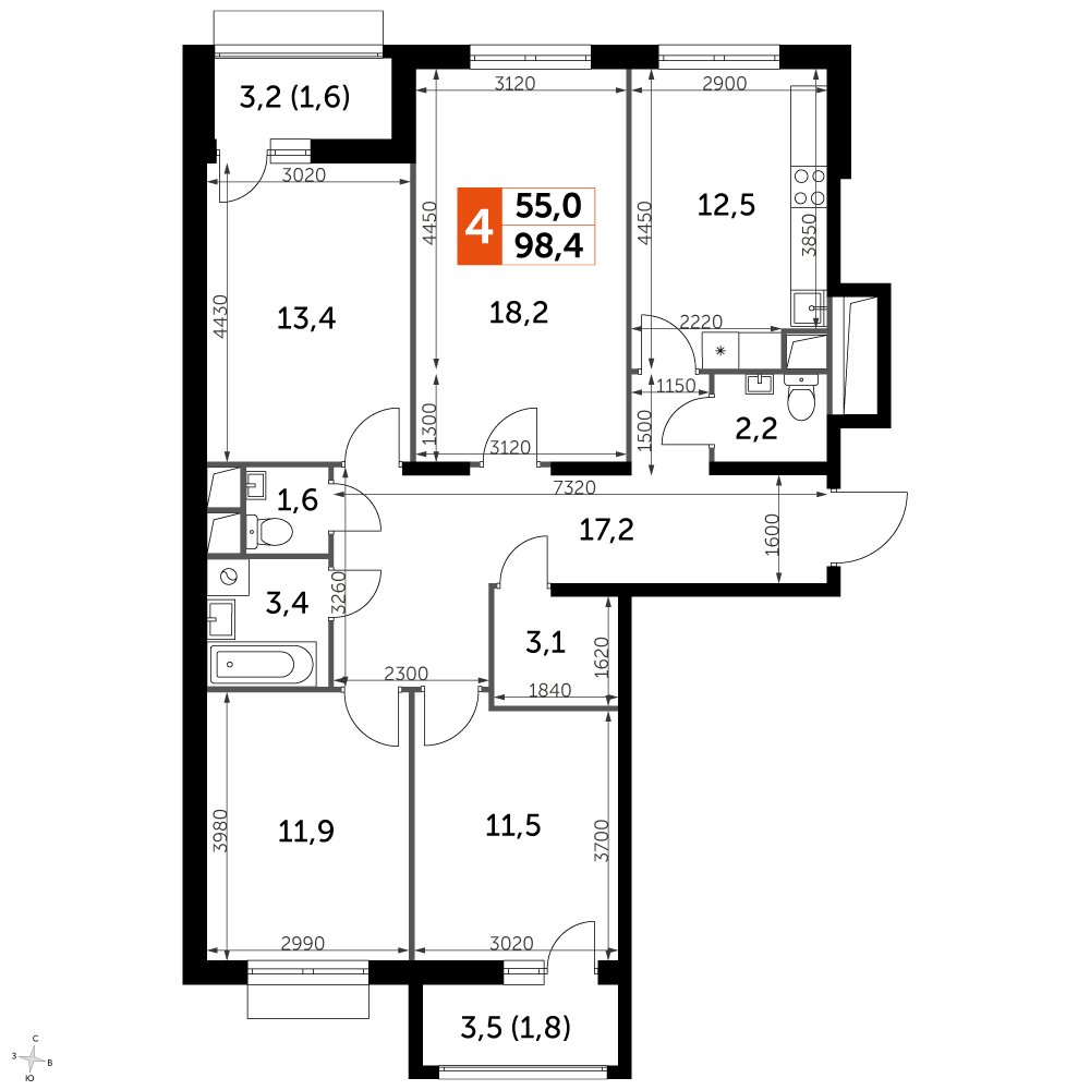 4-комнатная квартира с частичной отделкой, 99.9 м2, 14 этаж, дом сдан, ЖК UP-квартал Римский, корпус 7 - объявление 2355145 - фото №1