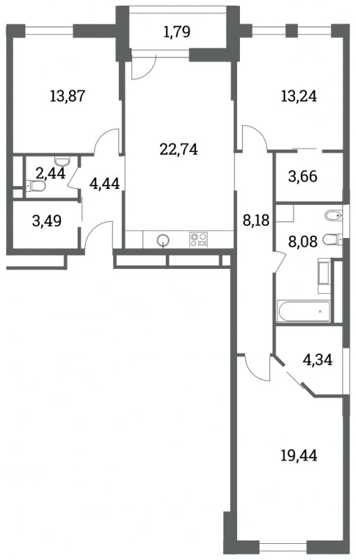 3-комнатная квартира без отделки, 103.92 м2, 12 этаж, сдача 4 квартал 2022 г., ЖК Headliner, корпус 8 - объявление 1129033 - фото №1
