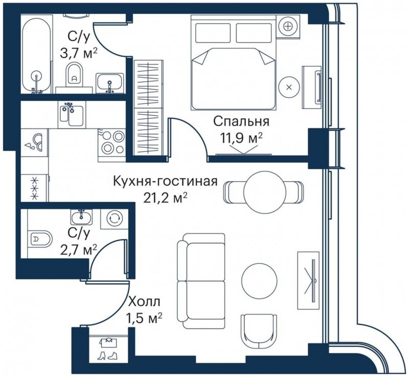 1-комнатная квартира с частичной отделкой, 41 м2, 10 этаж, сдача 4 квартал 2023 г., ЖК City Bay, корпус Atlantic Ocean 1 - объявление 1710910 - фото №1