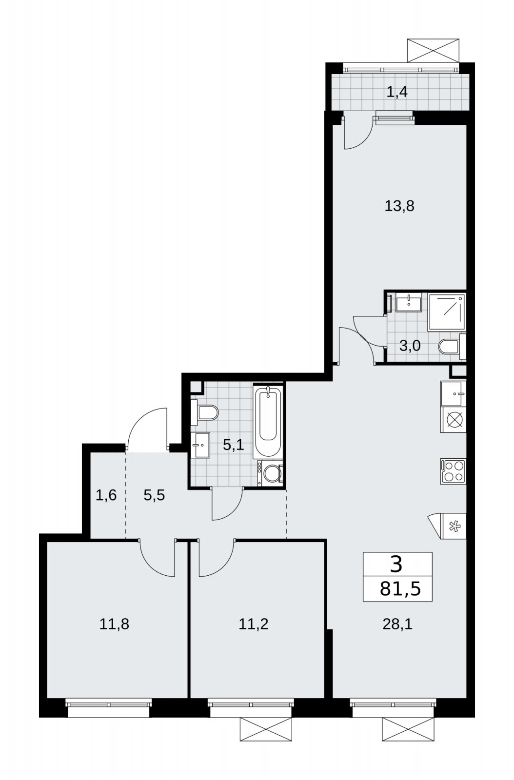 3-комнатная квартира без отделки, 81.5 м2, 2 этаж, сдача 2 квартал 2026 г., ЖК Скандинавия, корпус 25.5 - объявление 2283617 - фото №1