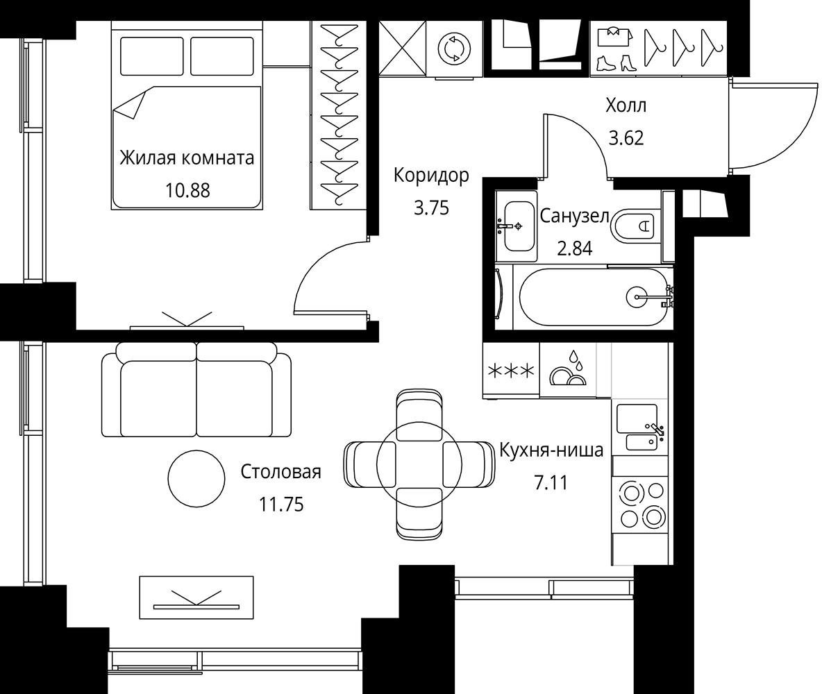 1-комнатная квартира с частичной отделкой, 39.95 м2, 4 этаж, сдача 3 квартал 2026 г., ЖК City Bay, корпус North Ocean 7 - объявление 2332258 - фото №1
