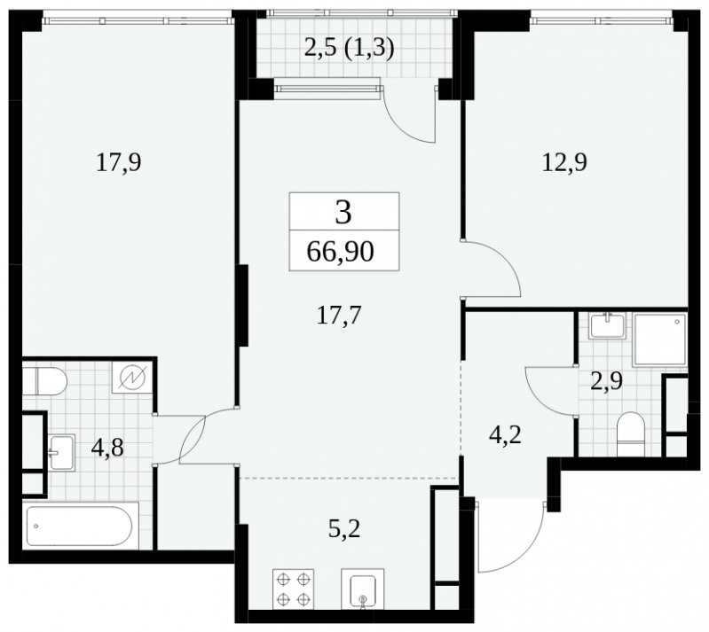 3-комнатная квартира (евро) без отделки, 66.9 м2, 28 этаж, сдача 2 квартал 2025 г., ЖК Южные сады, корпус 2.4 - объявление 1760413 - фото №1