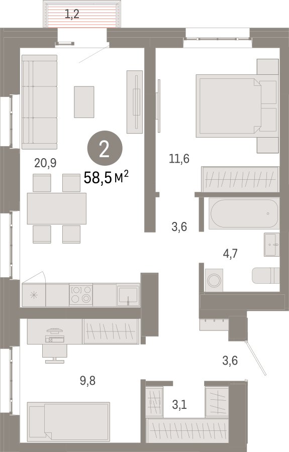 2-комнатная квартира с частичной отделкой, 58.5 м2, 10 этаж, сдача 3 квартал 2026 г., ЖК Квартал Метроном, корпус 1 - объявление 2358171 - фото №1