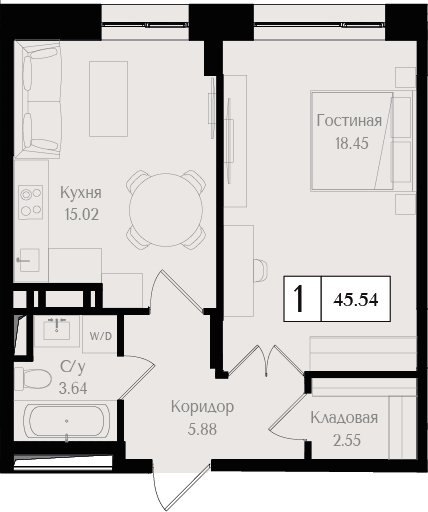 1-комнатная квартира без отделки, 45.54 м2, 3 этаж, сдача 3 квартал 2024 г., ЖК Преображенская площадь, корпус 1 - объявление 2279850 - фото №1