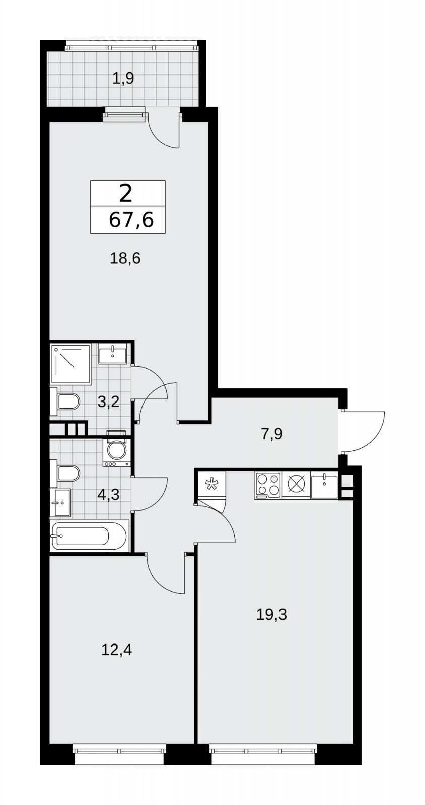 2-комнатная квартира с частичной отделкой, 67.6 м2, 3 этаж, сдача 2 квартал 2026 г., ЖК Дзен-кварталы, корпус 4.1 - объявление 2251352 - фото №1