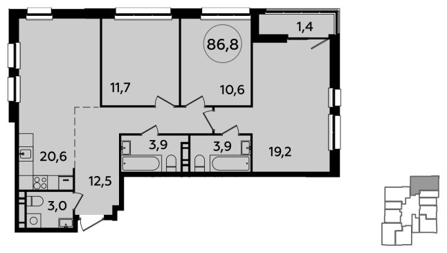3-комнатная квартира без отделки, 86.8 м2, 20 этаж, сдача 1 квартал 2024 г., ЖК Южные сады, корпус 1.2 - объявление 1512228 - фото №1